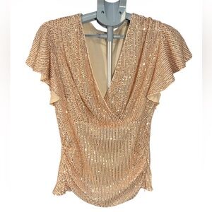 Grace Karin Golden Rose Sequin V-Neck Flutter Sleeve Top